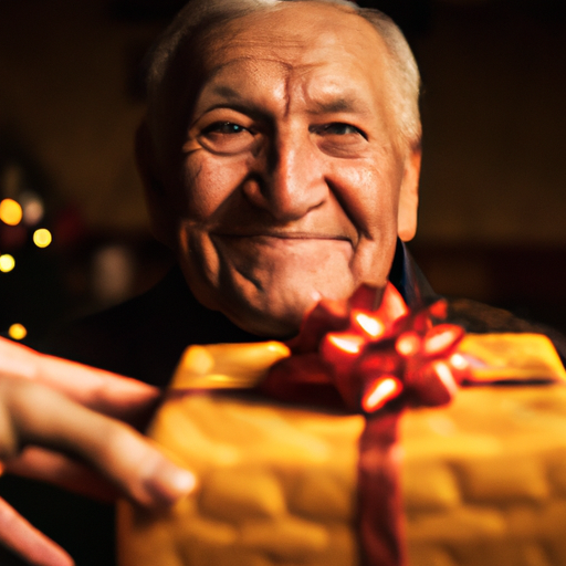 תקריב של סבא מחזיק מתנה מנכדיו עם חיוך גדול על הפנים