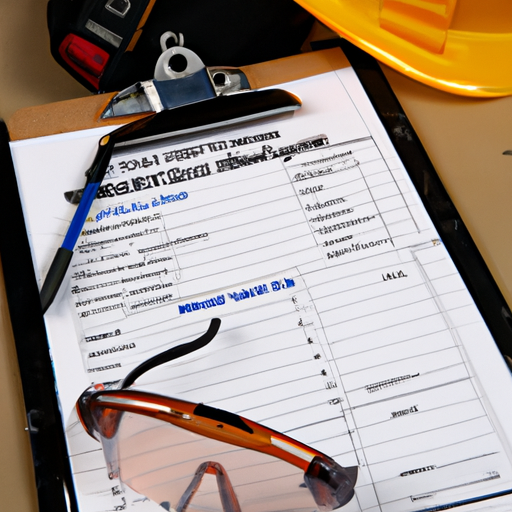 תמונה של כלי עבודה של מפקח בניה למקצוע, כולל לוח כתיבה, משקפי בטיחות ופנקס רשימות.
